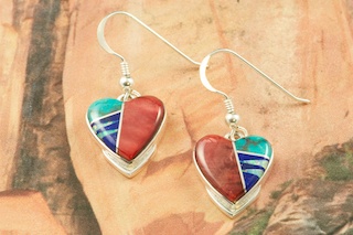Genuine Spiny Oyster Shell, Turquoise and Blue Lapis inlaid in Sterling Silver. Stunning French Wire Earrings Designed by Navajo Artist Calvin Begay. Signed by the artist. 